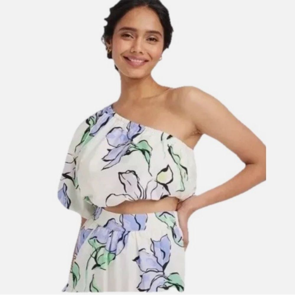 NWT A New Day Women Asymmetrical One Shoulder Balloon Sleeve Floral Crop Top XL
